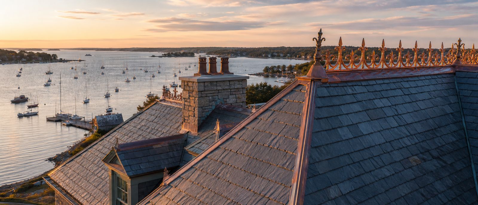The finished Harborview slate roof at golden hour