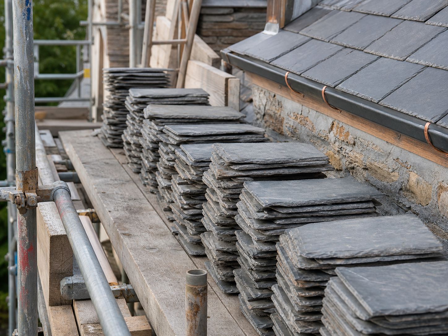 Salvaged slates sorted on staging
